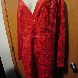 Venus Red Velvet Sequin Dress Plus Size 24 Long Sleeve Faux Wrap Holiday Party